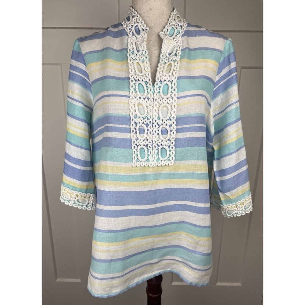 Peck & Peck 100% Linen Tunic Top L Striped Blue Green Crochet Trim EUC